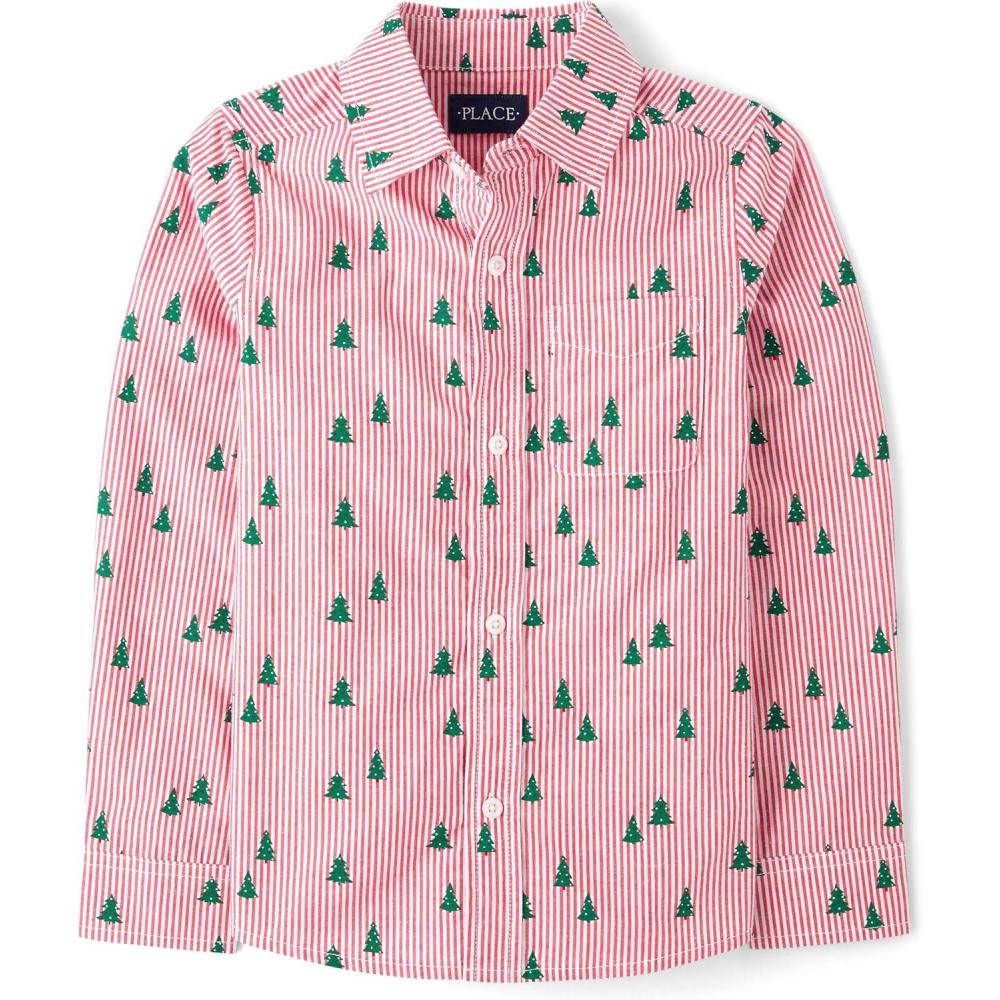 imageThe Childrens Place Boys Long Sleeve Poplin Button Down ShirtButton Down ShirtRed Trees