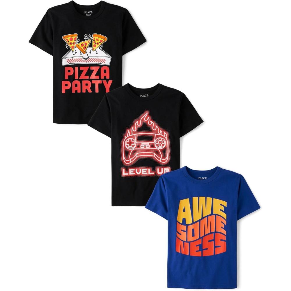 imageThe Childrens Place Boys Short Sleeve Graphic TShirt 3PackPizza PartyLevel UpAwesomeness