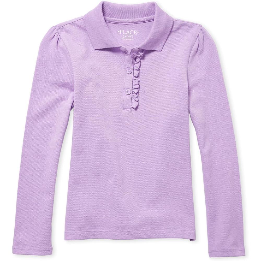 imageThe Childrens Place Girls Long Sleeve Ruffle Pique PoloPurple Prose Single