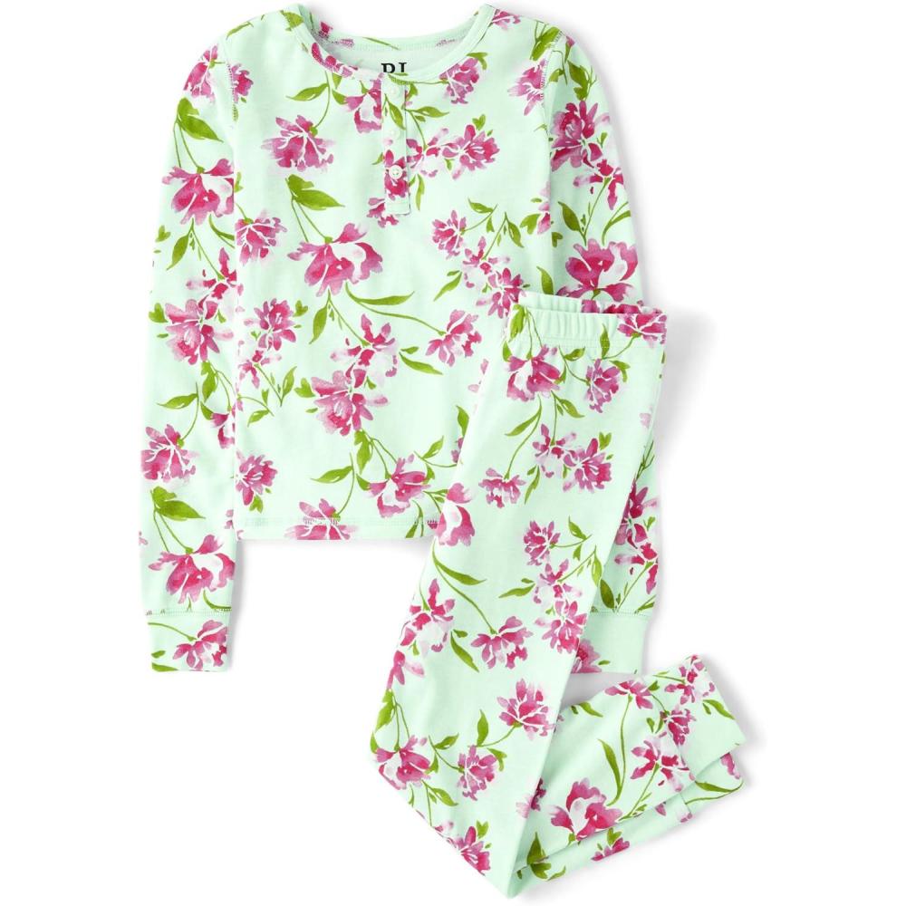 imageThe Childrens Place Girls Long Sleeve Top and Pants Pajama SetsGlade Green