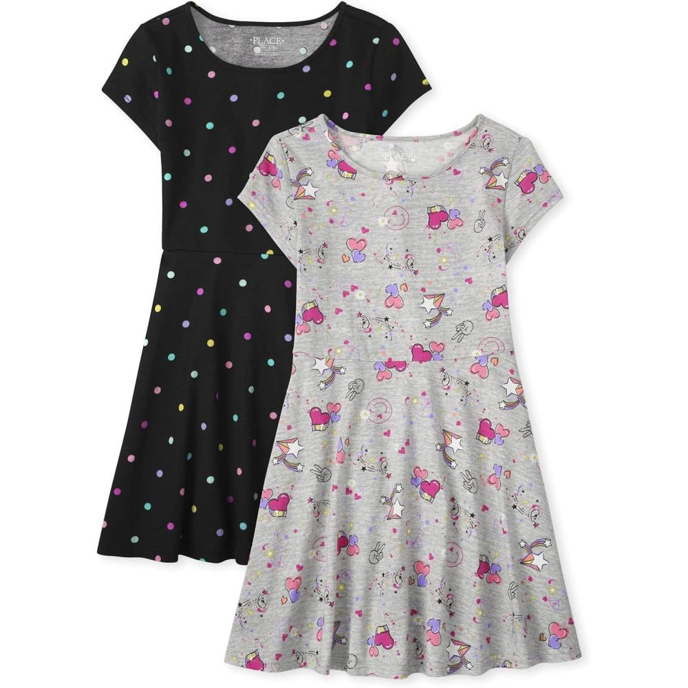 imageThe Childrens Place Girls Plaid Stretch Jacquard Short Sleeve DressBlack DotUnicorn 2 Pack