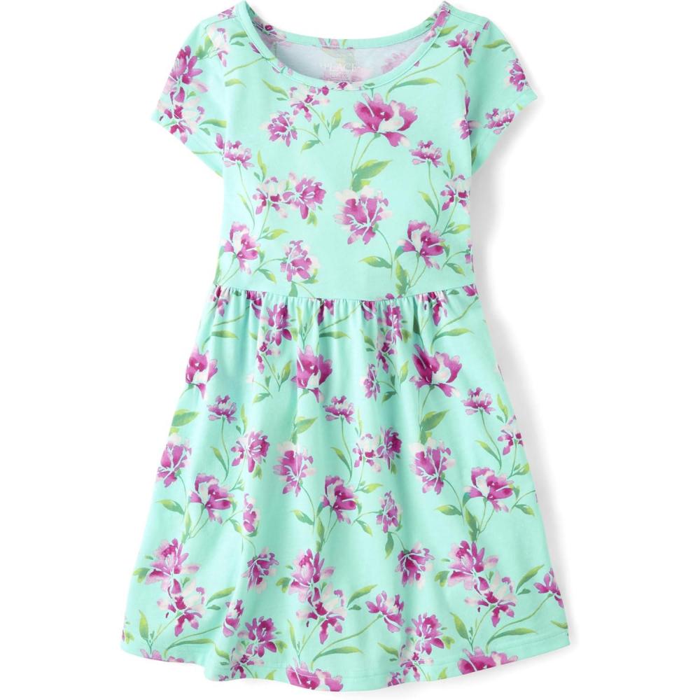 imageThe Childrens Place Girls Plaid Stretch Jacquard Short Sleeve DressFloral Aqua