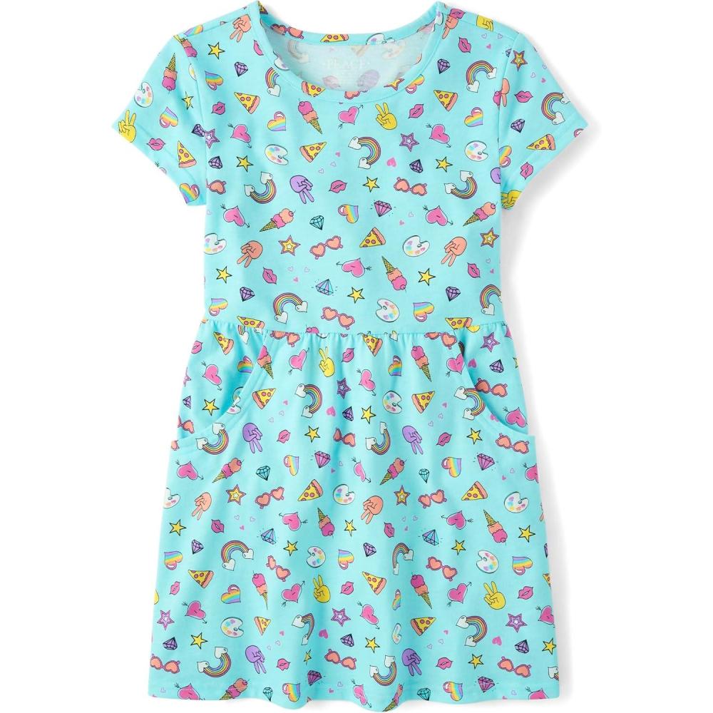 imageThe Childrens Place Girls Plaid Stretch Jacquard Short Sleeve DressLight Blue Doodle Pocket