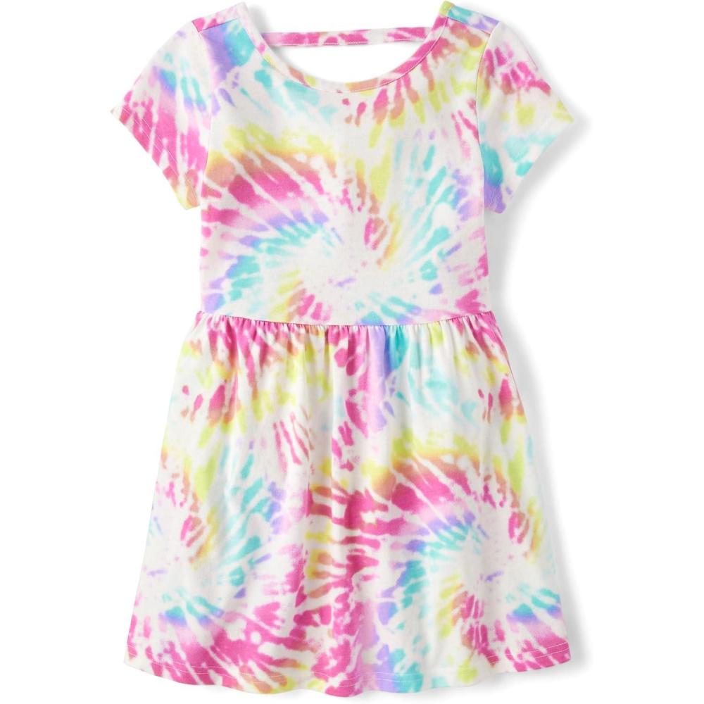 imageThe Childrens Place Girls Plaid Stretch Jacquard Short Sleeve DressPink Summer