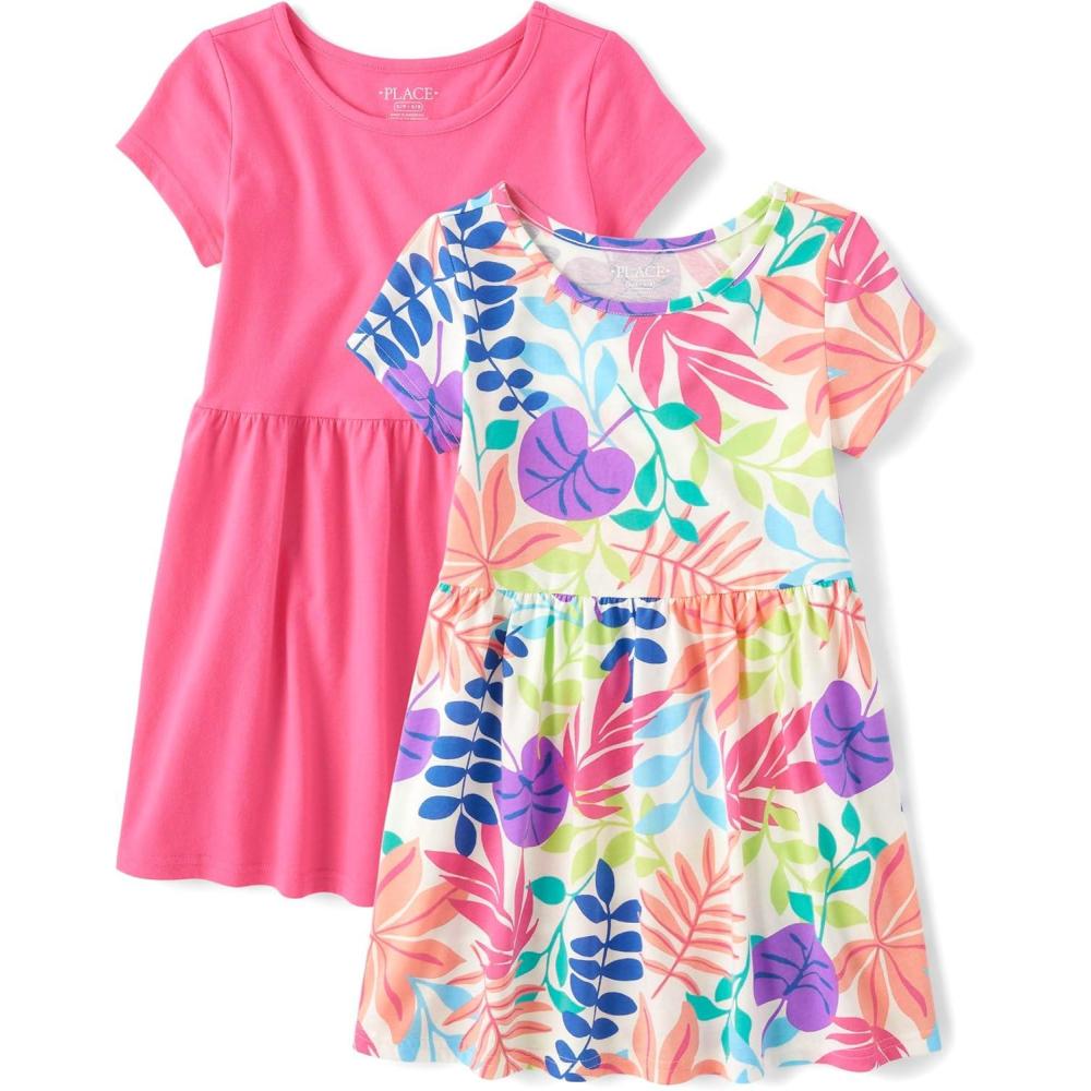 imageThe Childrens Place Girls Plaid Stretch Jacquard Short Sleeve DressPink Tropic