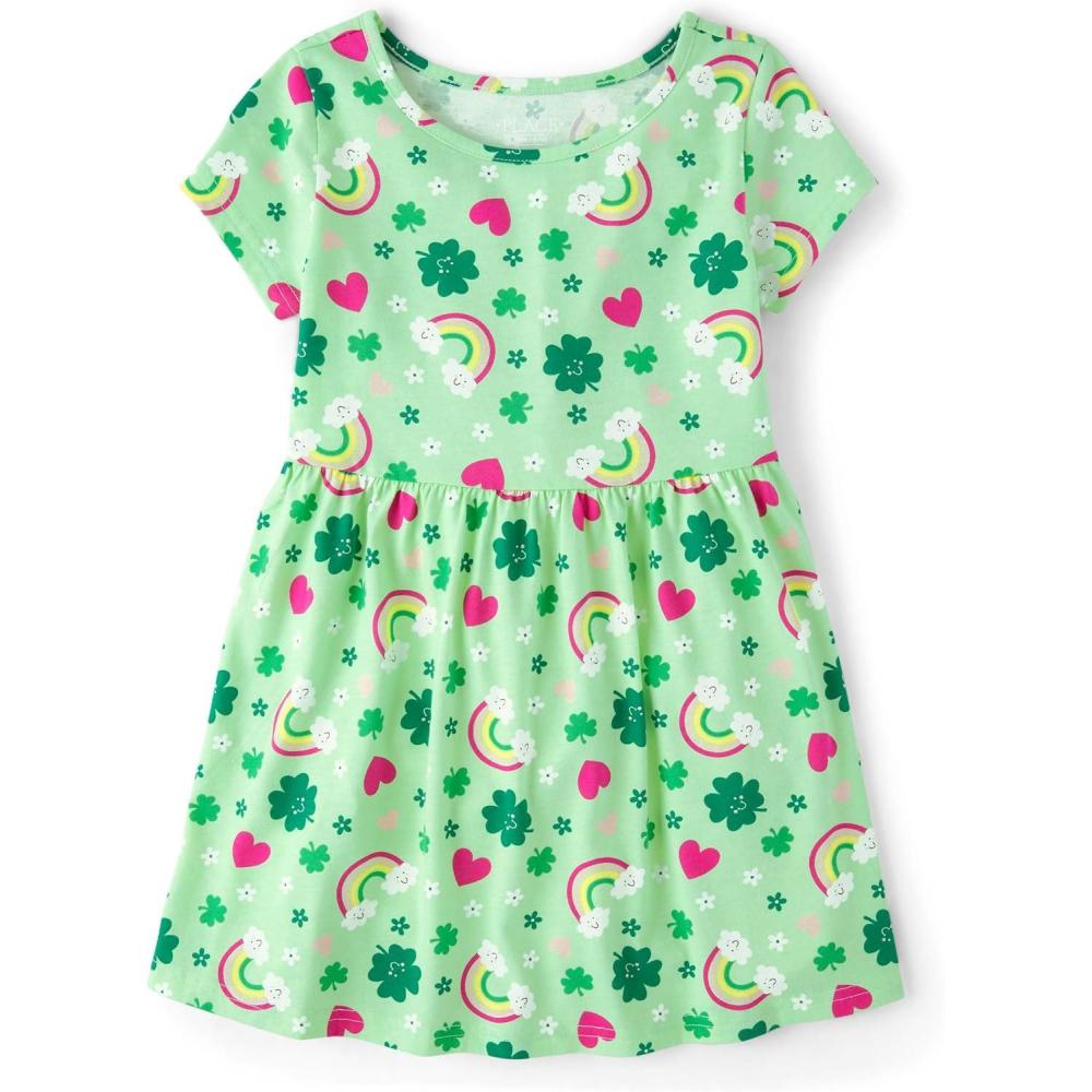imageThe Childrens Place Girls Plaid Stretch Jacquard Short Sleeve DressSt Patricks Print
