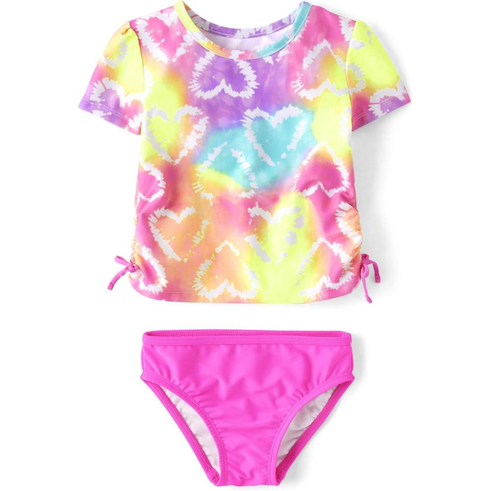 imageThe Childrens Place Girls and Toddler Short Sleeve Rashguard SwimsetHeart Tie Dye