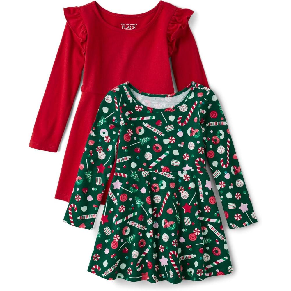 imageThe Childrens Place Girls and Toddler Skater Dress Long SleeveCandyRed 2pack