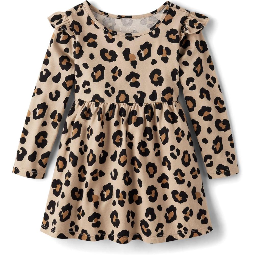 imageThe Childrens Place Girls and Toddler Skater Dress Long SleeveLatte Leopard Flutter