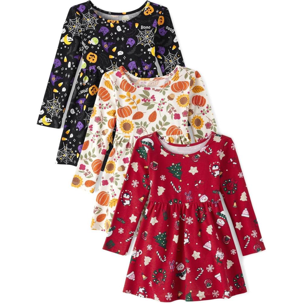 imageThe Childrens Place Girls and Toddler Skater Dress Long SleeveSpooky DoodleHarvest PumpkinCheerful Trees 3pack