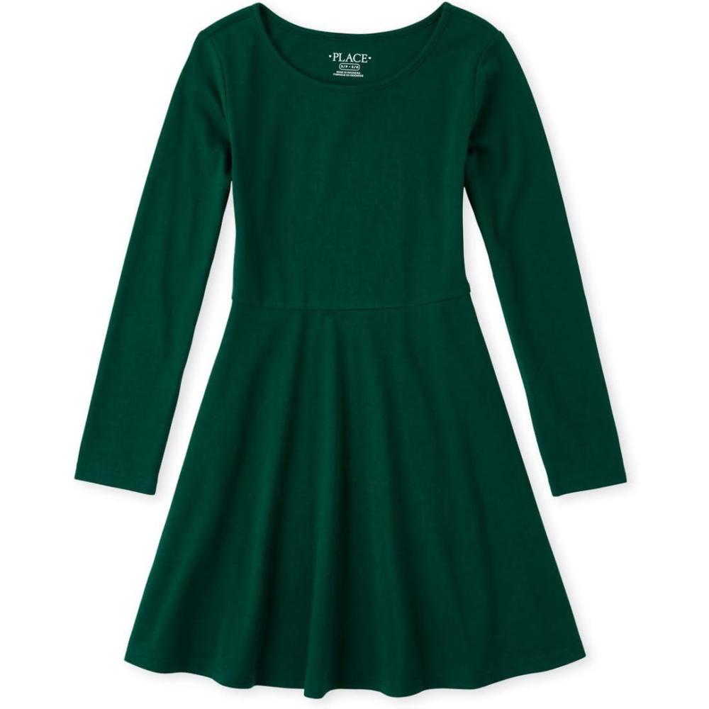 imageThe Childrens Place Girls and Toddler Solid Long Sleeve Skater DressSpruce Green Single