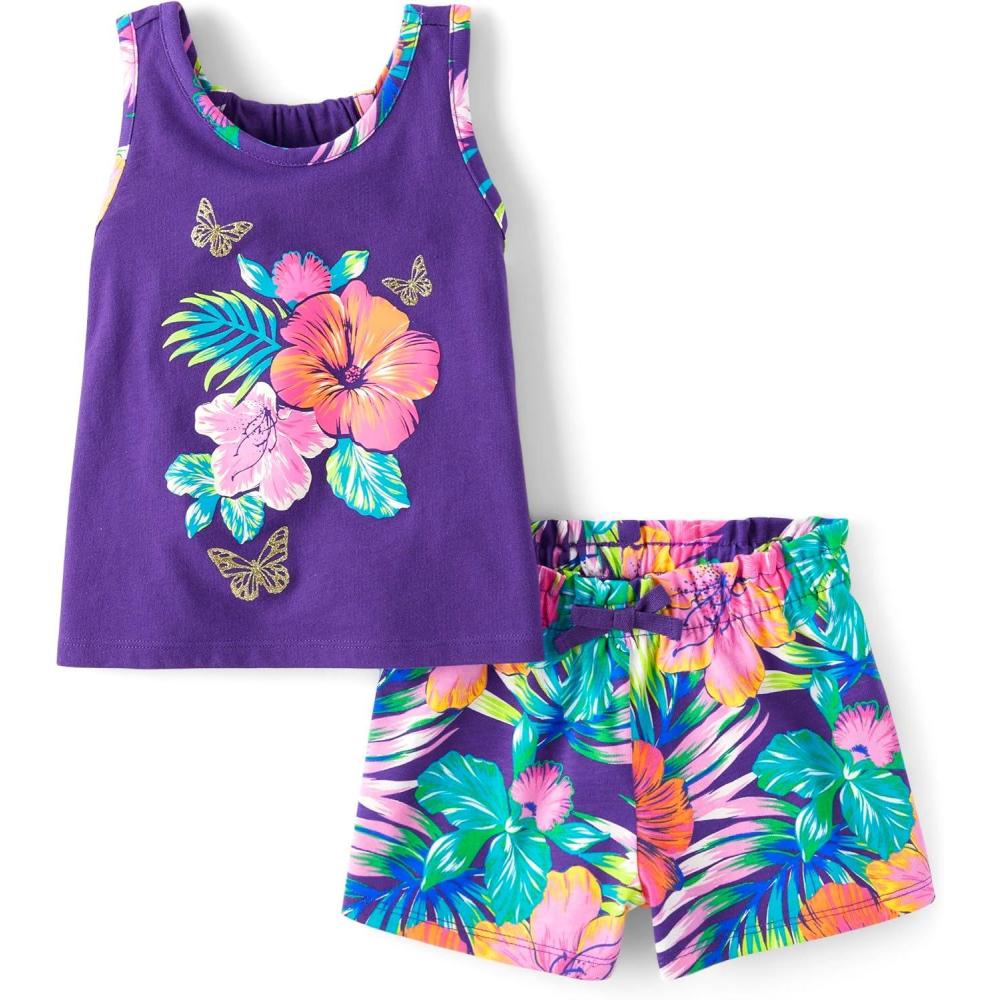 imageThe Childrens Place babygirls And Toddler Sleeveless Tank Top and Shorts 2piece SetPurple Tropical Set