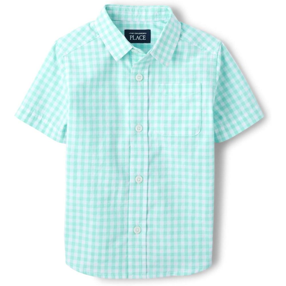 imageThe Childrens Place boys Short Sleeve Button Up ShirtMellow Aqua Plaid