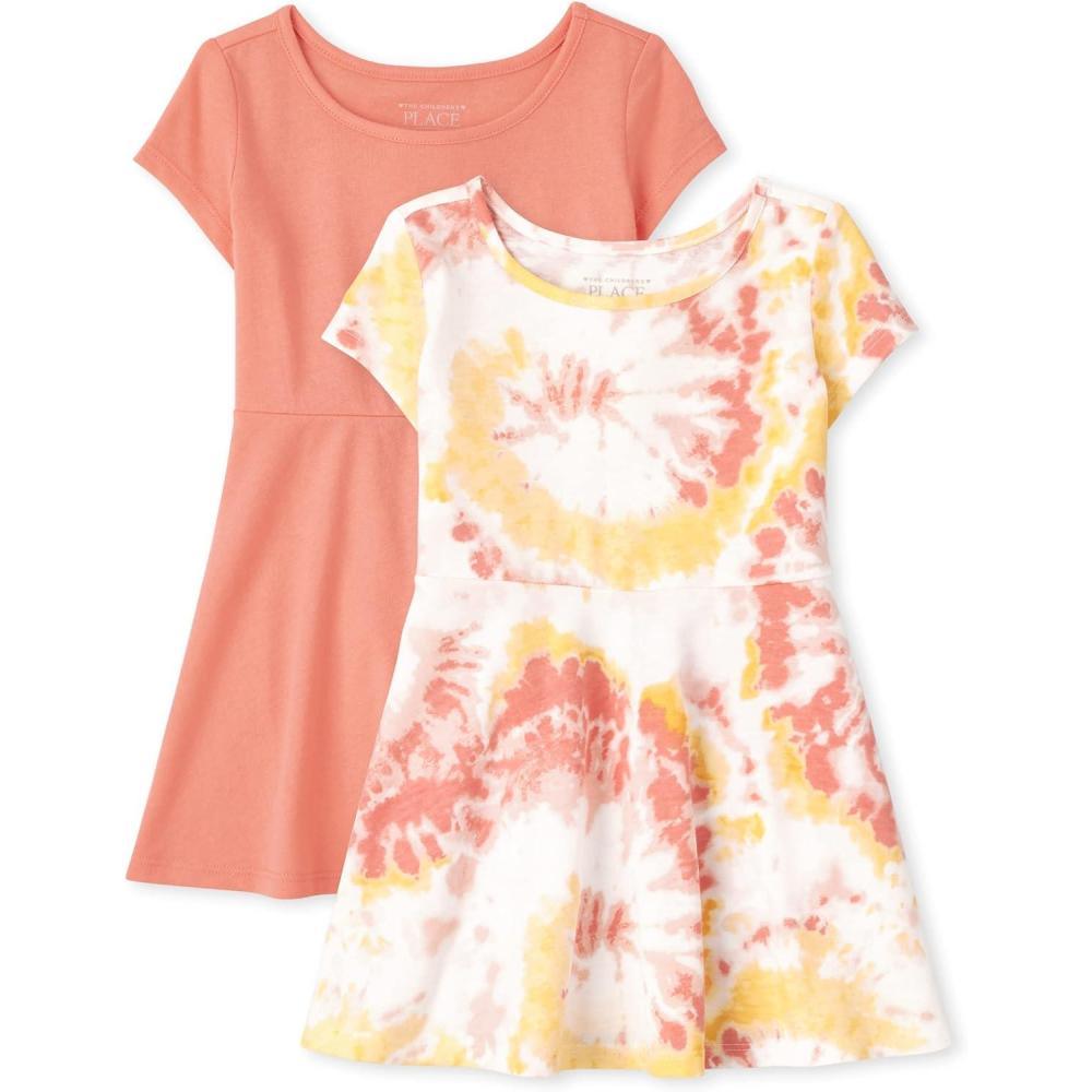 imageThe Childrens Placeand Toddler Girls Short Sleeve Fashion DressDaisy Tie Dye Skater 2pack