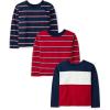 The Children’s Place Boys Long Sleeve Everyday Casual Knit Shirt(Red Stripe/Blue Stripe/Colorblock 3-pack)