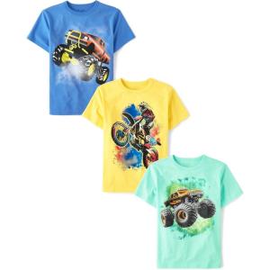 The Children’s Place Boys Animals,Cars Short Sleeve Graphic T-Shirts,3 Pack(Monster Truck/Biker/Truck)