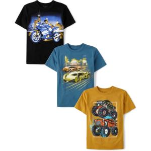 The Children’s Place Boys Animals,Cars Short Sleeve Graphic T-Shirts,3 Pack(Motorcycle/Racecars/Monster Trucks)