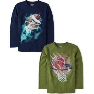 The Children’s Place Boys’ Gamer,Cars,Sports Long Sleeve Graphic T-Shirts,2 Pack(Basketball Hoop/Football)
