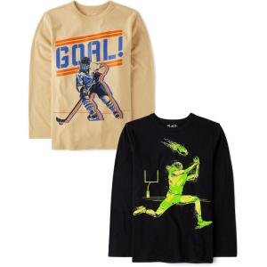 The Children’s Place Boys’ Gamer,Cars,Sports Long Sleeve Graphic T-Shirts,2 Pack(Hockey Goal/Football Player)