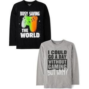 The Children’s Place Boys’ Gamer,Cars,Sports Long Sleeve Graphic T-Shirts,2 Pack(Save World/Without Gaming)