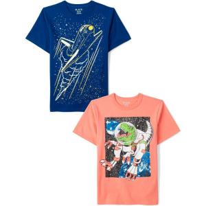 The Children’s Place Boys’ Gamer,Sports,Cars Short Sleeve Graphic T-Shirts,2 Pack(Dino Astronaut/Spaceship)