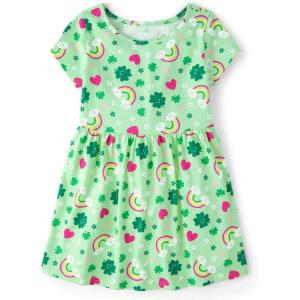 The Children’s Place Girls’ Plaid Stretch Jacquard Short Sleeve Dress(St. Patricks Print)