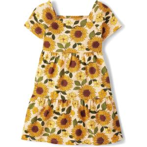 The Children’s Place Girls’ Plaid Stretch Jacquard Short Sleeve Dress(Yellow Sunflower Tiered)