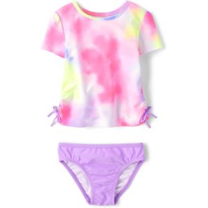 The Children’s Place Girls’ and Toddler Short Sleeve Rashguard Swimset(Neon Tie Dye)