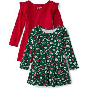 The Children’s Place Girls and Toddler Skater Dress, Long Sleeve(Candy/Red 2-pack)