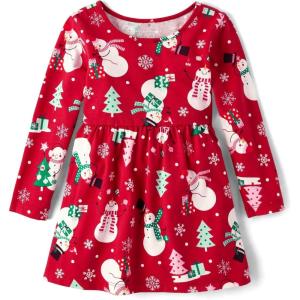 The Children’s Place Girls and Toddler Skater Dress, Long Sleeve(Holiday Snowmen)