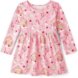 The Children’s Place Girls and Toddler Skater Dress, Long Sleeve(Pink Christmas Print)