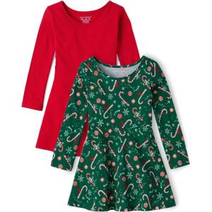 The Children’s Place Girls and Toddler Skater Dress, Long Sleeve(Red/Candy Cane Green 2-pack)