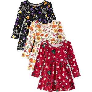 The Children’s Place Girls and Toddler Skater Dress, Long Sleeve(Spooky Doodle/Harvest Pumpkin/Cheerful Trees 3-pack)