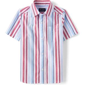 The Children’s Place boys Short Sleeve Button Up Shirt(Red White and Blue Stripe)
