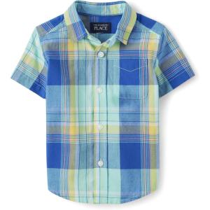 The Children’s Place boys Short Sleeve Button Up Shirt(Waterfall Plaid)