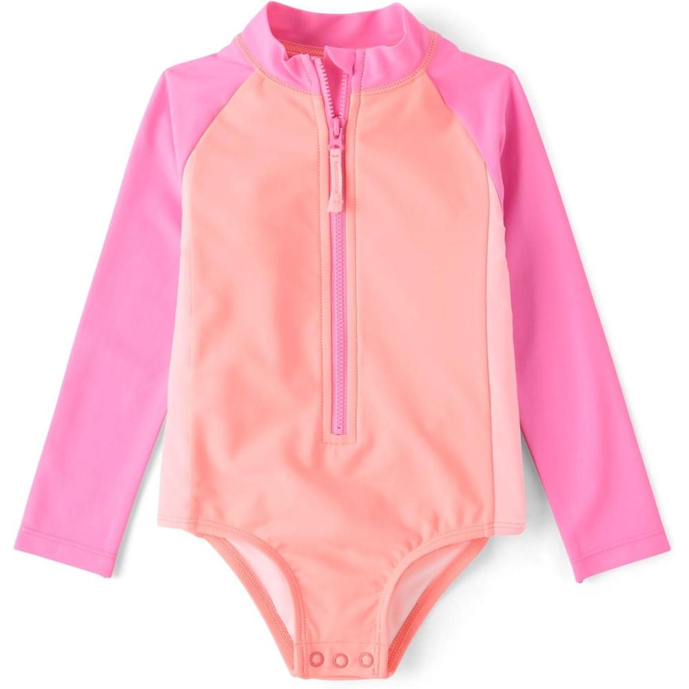 imageThe Childrens Place BabyGirls and Toddler Long Sleeve Half Zip One Piece Rashgaurd SwimsuitHappy Pink