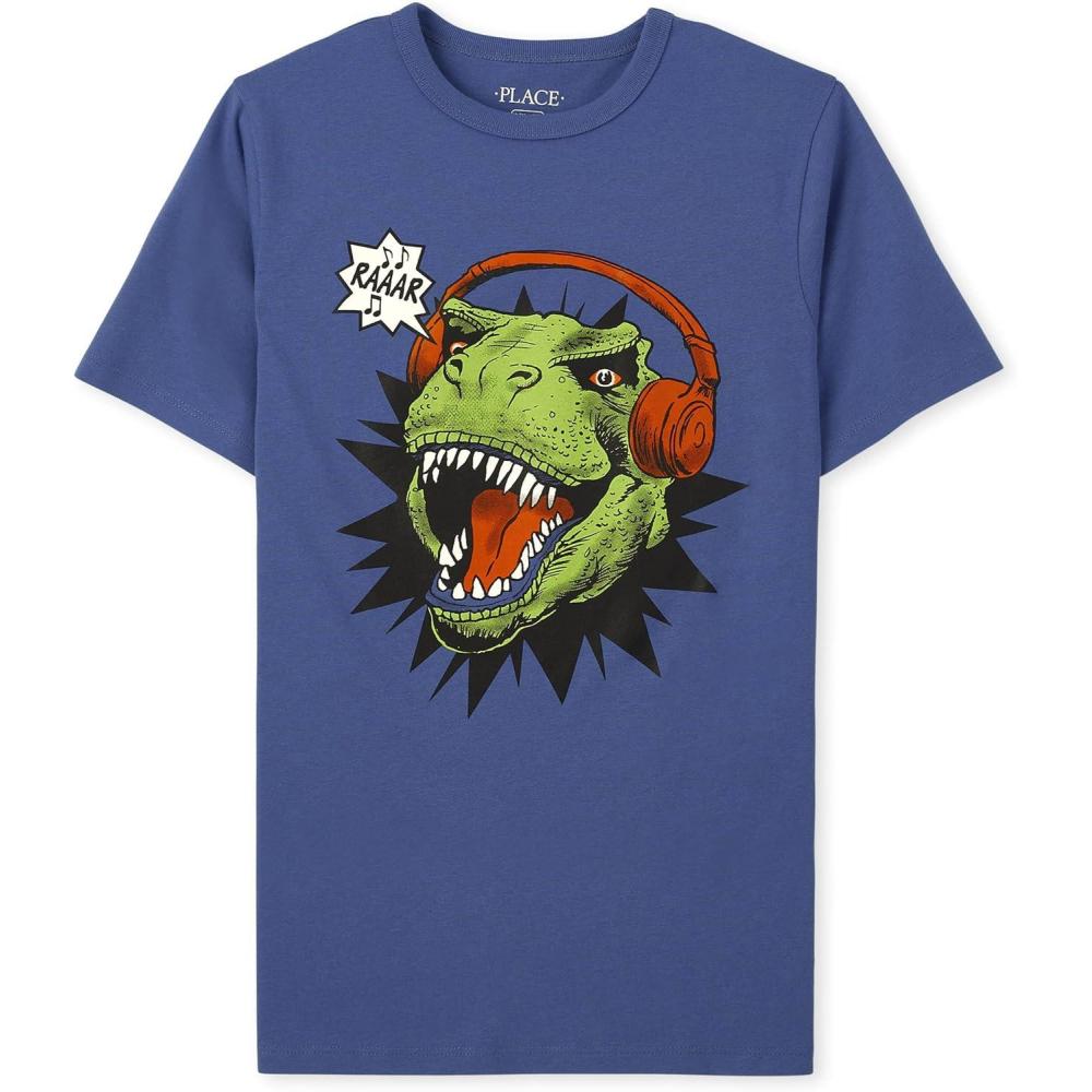 imageThe Childrens Place Boys DinosCarsSports Short Sleeve Graphic TShirtsDino Headphones