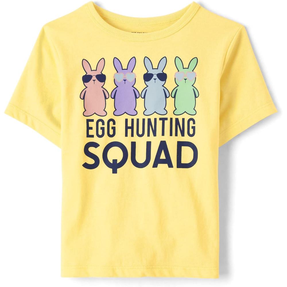 imageThe Childrens Place Boys DinosCarsSports Short Sleeve Graphic TShirtsEgg Hunting Squad Yellow