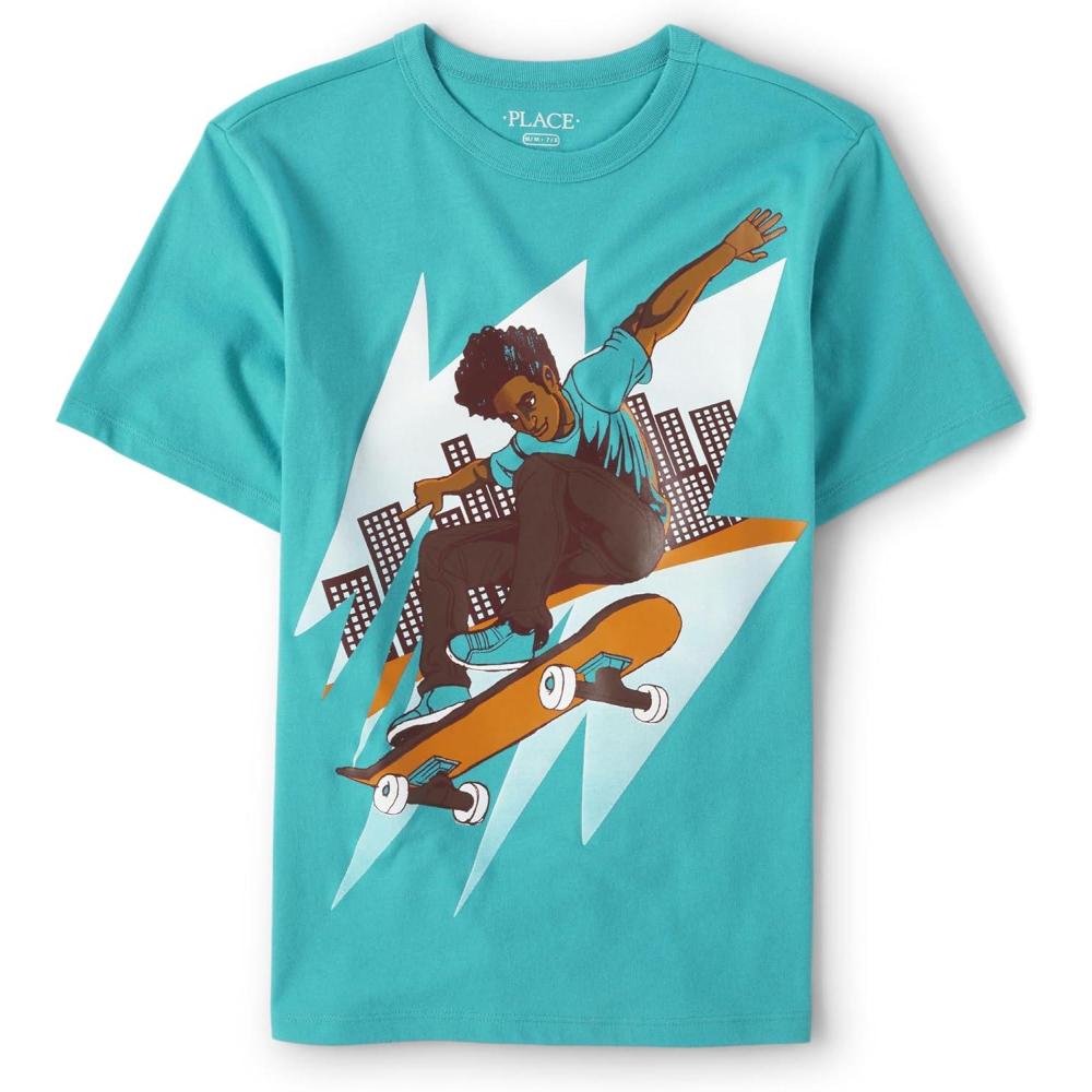 imageThe Childrens Place Boys DinosCarsSports Short Sleeve Graphic TShirtsSkater Boy