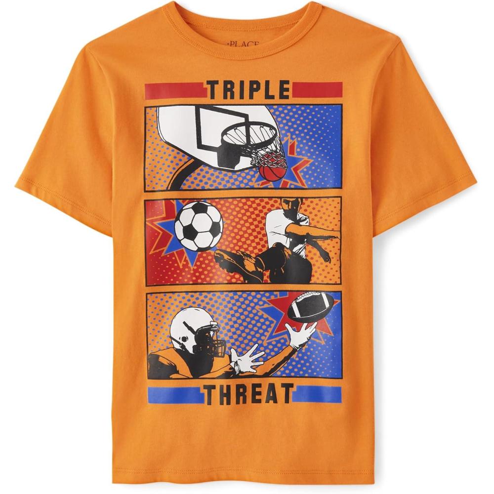 imageThe Childrens Place Boys DinosCarsSports Short Sleeve Graphic TShirtsTriple Threat