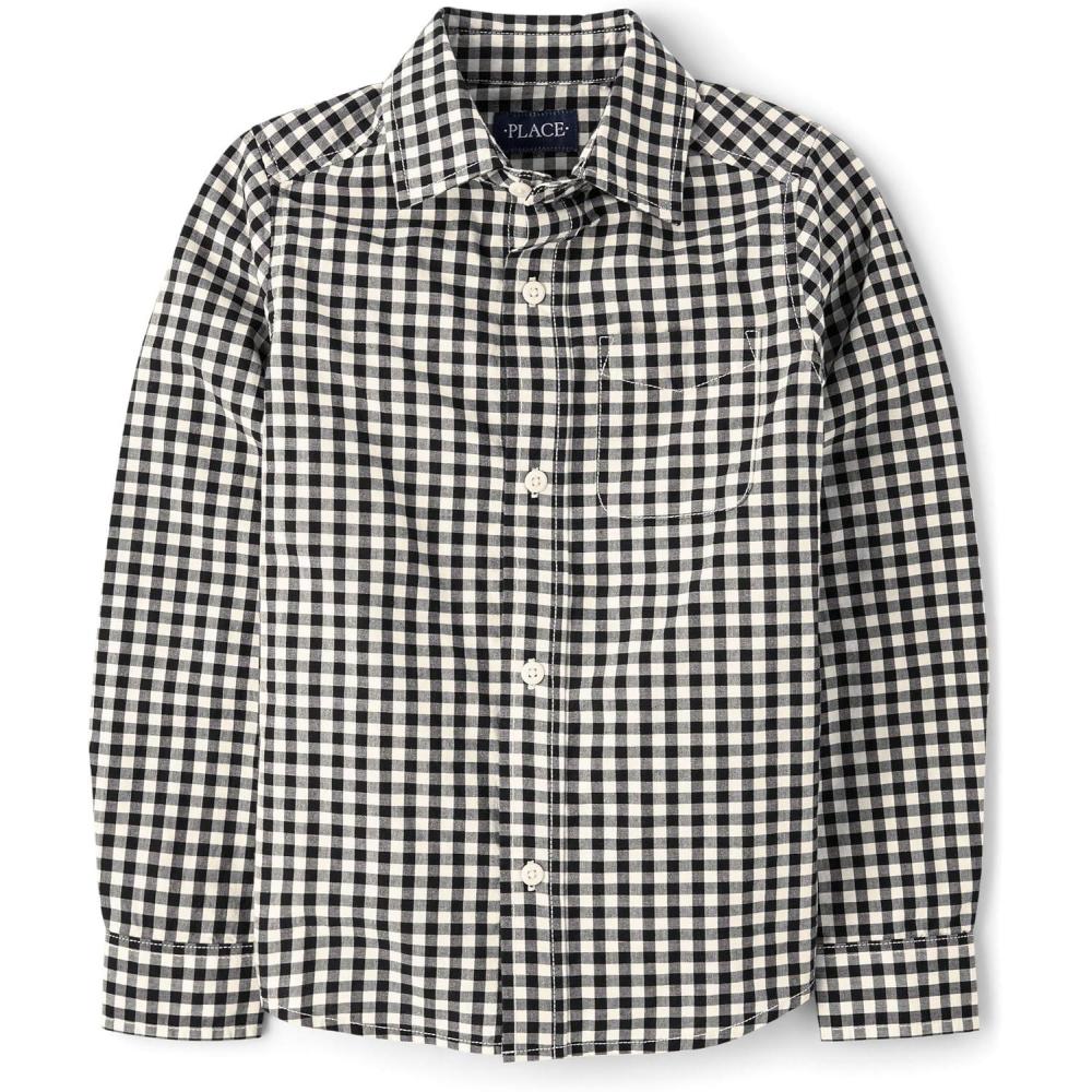 imageThe Childrens Place Big Boys Long Sleeve Poplin Button Down ShirtBlack Plaid