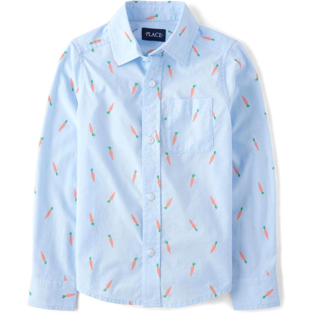imageThe Childrens Place Big Boys Long Sleeve Poplin Button Down ShirtBlue Carrot Print
