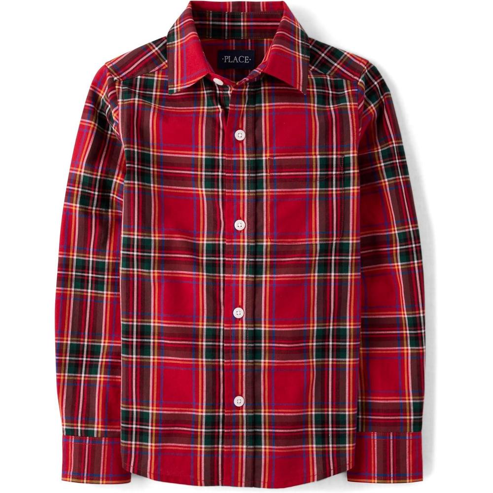 imageThe Childrens Place Big Boys Long Sleeve Poplin Button Down ShirtRed Birch Plaid