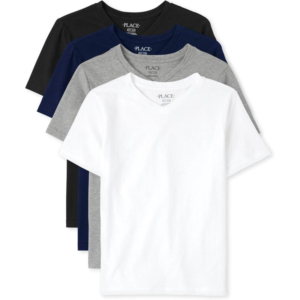imageThe Childrens Place Boys Basic V Neck Short Sleeve Tee 2 PackBlackBlueHt GreyWhite Vneck 4pack