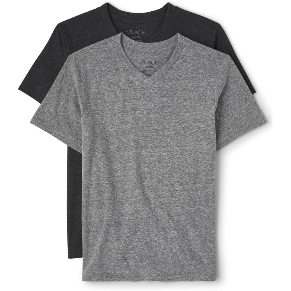 imageThe Childrens Place Boys Basic V Neck Short Sleeve Tee 2 PackBlackGrey 2pack