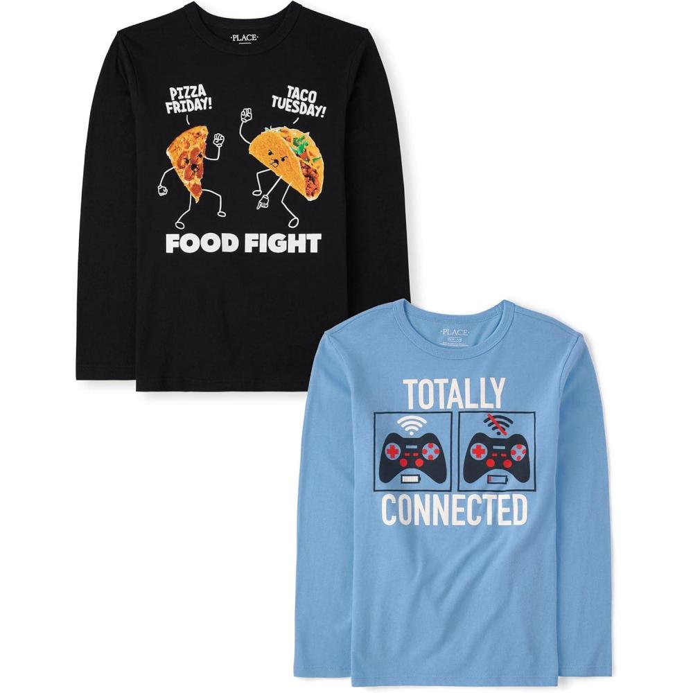 imageThe Childrens Place Boys GamerCarsSports Long Sleeve Graphic TShirts2 PackFood FightTotally Connected