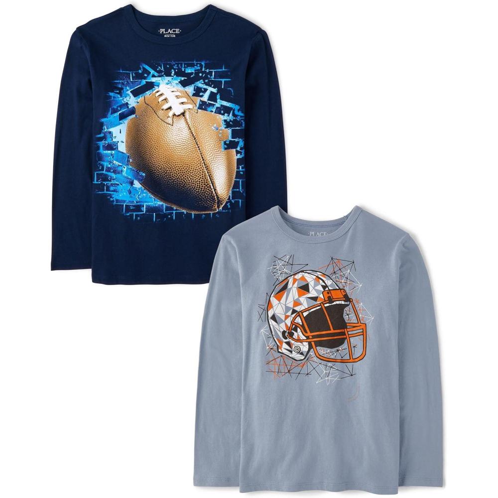 imageThe Childrens Place Boys GamerCarsSports Long Sleeve Graphic TShirts2 PackFootball HelmetFootball
