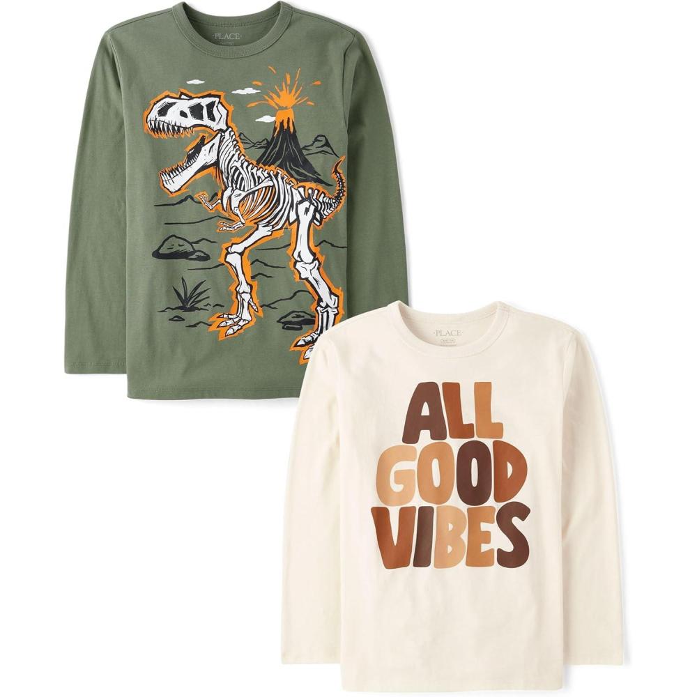 imageThe Childrens Place Boys GamerCarsSports Long Sleeve Graphic TShirts2 PackGood VibesDino Bones