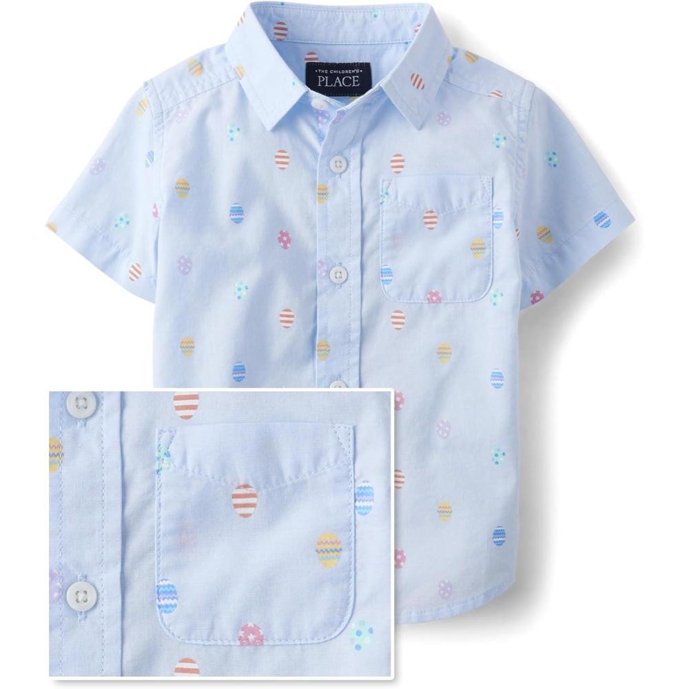 imageThe Childrens Place Boys and Toddler Poplin Short Sleeve Button Down ShirtEaster Egg Geometric Print