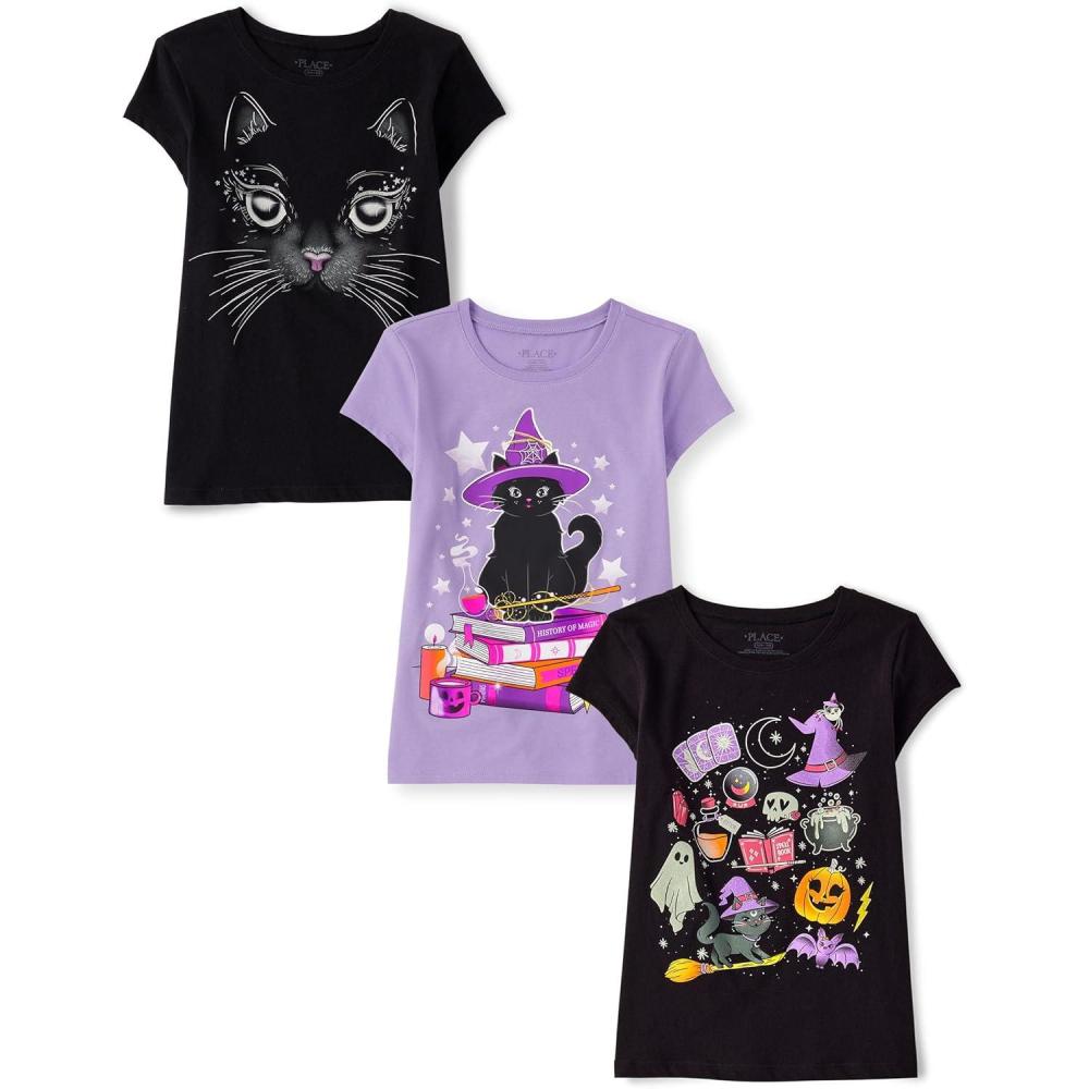 imageThe Childrens Place Girls All HolidaysBirthdays Short Sleeve Graphic TShirts3 PackCatWitch CatSpooky Icons